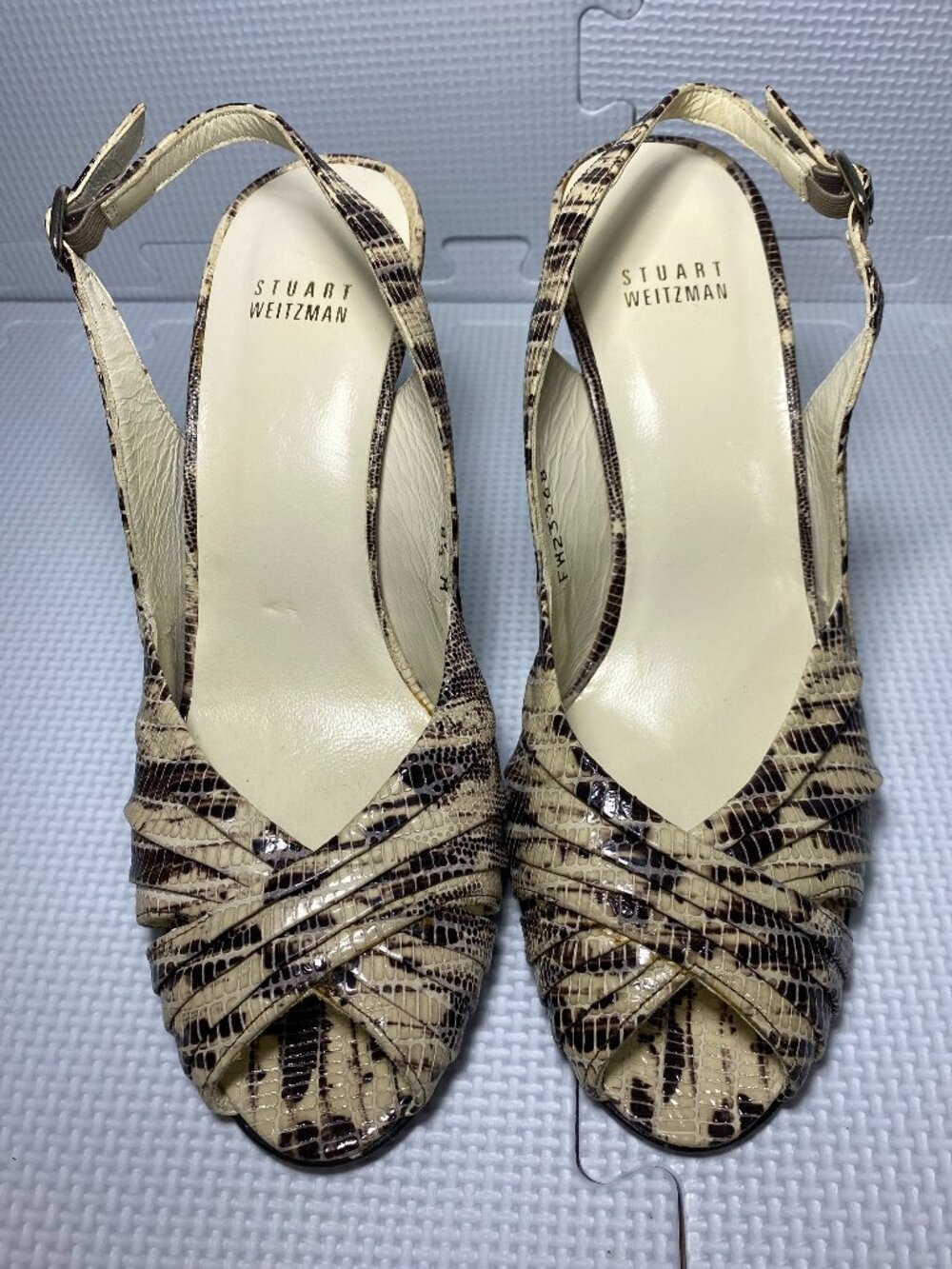 Vintage STUART WEITZMAN Spain Snake Lizard Open-toe Slingback Heels Brown 8.5